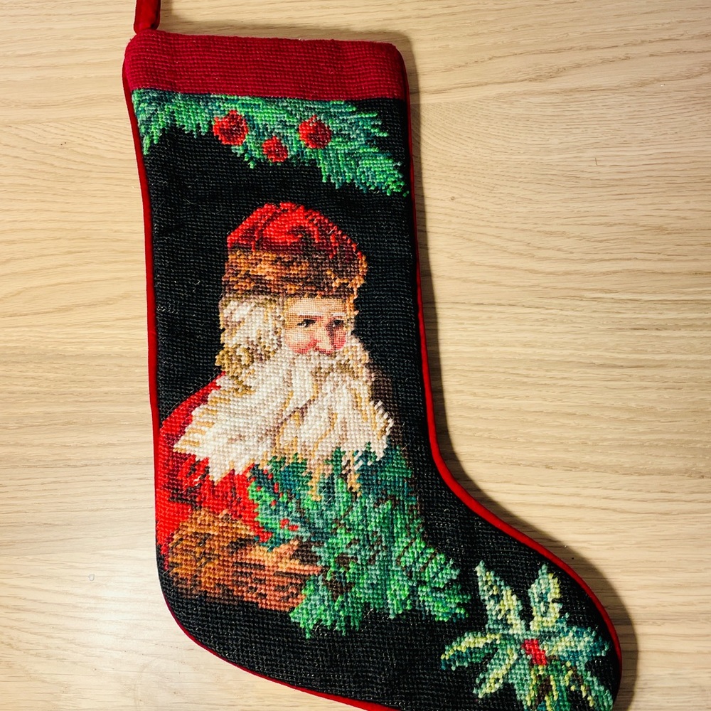 Vtg Imperial Elegance Stocking Old World Santa Claus Wool Needlepoint Christmas